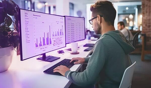 Man looking at two computer monitors with GenAI software